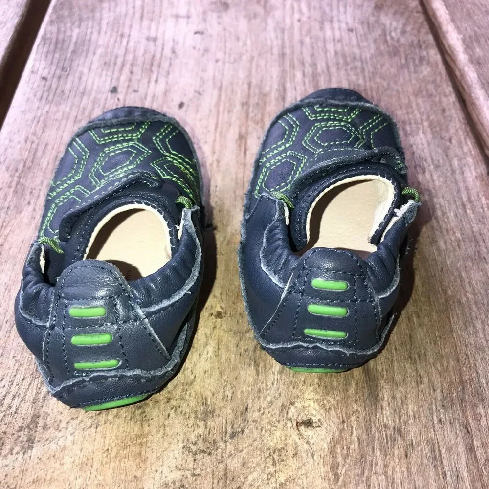 Stride Rite Boys Girls Shoes 2M 2 M Lil Chuckle Navy Blue Green‎ Turtle LeatherD
